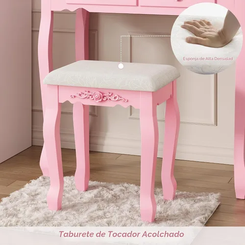 Vista 6 de Alohappy - Juego de mesa de maquillaje con espejo y taburete para niñas, mesa de maquillaje y taburete acolchado con 4 cajones, tocador de madera