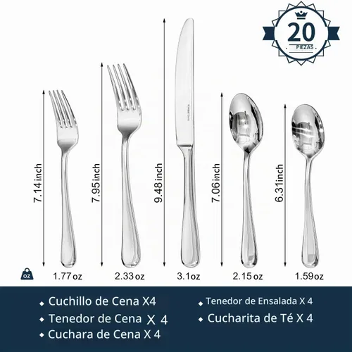Vista 3 de KINGSTONE Juego de cubiertos de 20 piezas para 4, juego de cubiertos de acero inoxidable de alta calidad, resistente y de diseño moderno, pulido