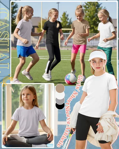 Vista 3 de Paquete de 4 camisetas atléticas de manga corta para niñas, de secado rápido, camisetas activas de verano con cuello redondo y ropa deportiva