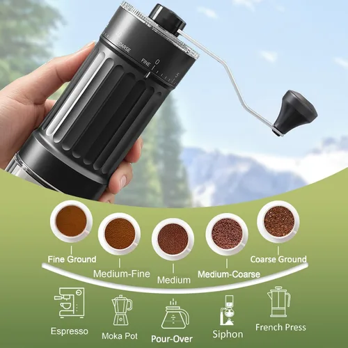 Vista 4 de Mini molinillo de café manual con 40 ajustes ajustables, molinillo de café portátil de mano con capacidad de 1.06 oz, molinillo compacto de rebabas