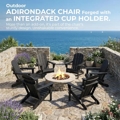 Vista 7 de Silla Adirondack plegable de HDPE, silla de patio al aire libre con soporte para tazas, silla de césped de grano de madera resistente a