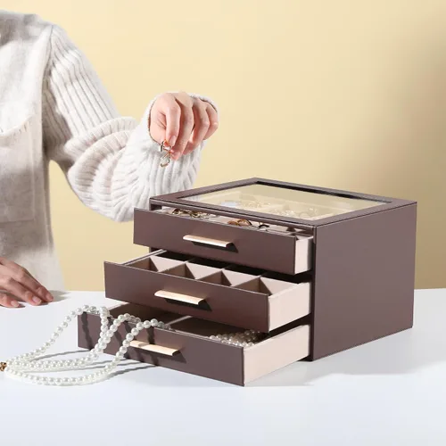 Vista 2 de Frebeauty Joyero para mujer, organizador de joyas con tapa transparente con 3 cajones Marrón Oscuro