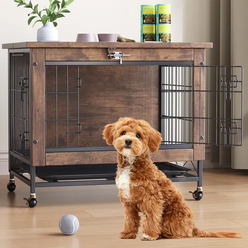 Vista 3 de Mueble de jaula para perros pequeños con ruedas, perrera de madera resistente de 2 puertas, para interiores, mesa auxiliar de jaula para perros