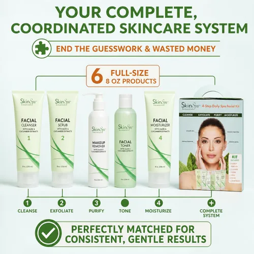 Vista 2 de Juego completo de cuidado de la piel facial de 4 pasos, 6 productos de tamaño completo para todo tipo de piel, incluyendo sensibles, sin sulfatos