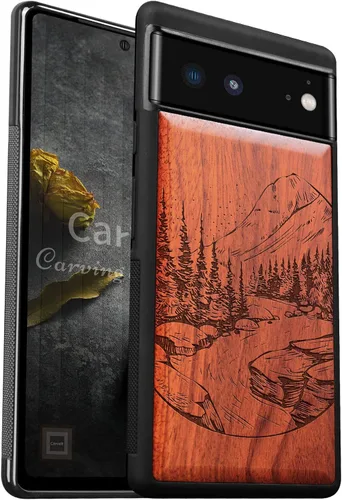 Vista 10 de Carveit Funda de madera para Pixel 6 Pro [madera natural y TPU suave negro] a prueba de golpes, funda de madera única compatible con Google Pixel 6