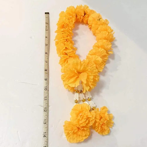 Vista 4 de Guirnalda de tagetes de caléndula artificial Phuang Malai tailandés indio adoración amarilla larga 15 pulgadas