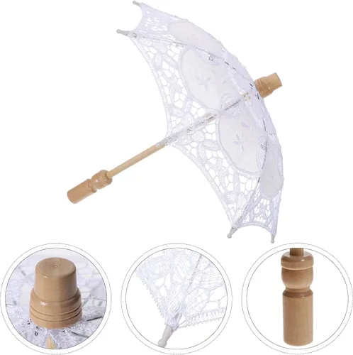 Vista 8 de Toddmomy Sombrilla de encaje, paraguas decorativo de boda, sombrilla de encaje para novia, adorno para decoración de fotos, disfraz de dama (blanco)