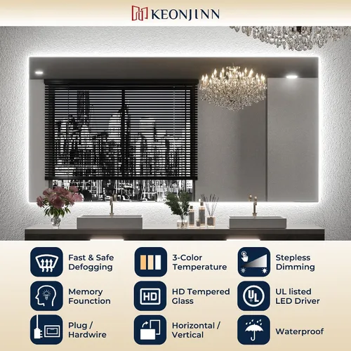 Vista 2 de Keonjinn - Espejo de 48x30 pulg retroiluminado LED para baño/tocador, luz de 3 colores ajustables blanca/cálida/natural, lúmenes altos, montaje