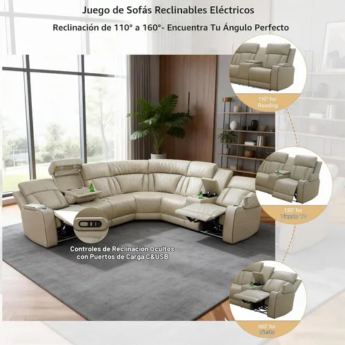 Vista 5 de Juego de sofá reclinable eléctrico, juegos de muebles de sala de estar, juego de sofá modular de cuero con luces LED, portavasos, consola
