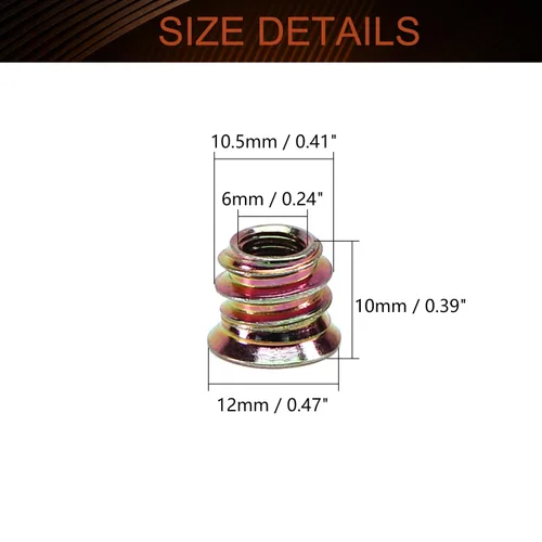 Vista 2 de MroMax 20 piezas de insertos de tuerca para muebles M6x10mm, acero al carbono, zincado, hexagonal interno, tornillo con brida, insertos de madera