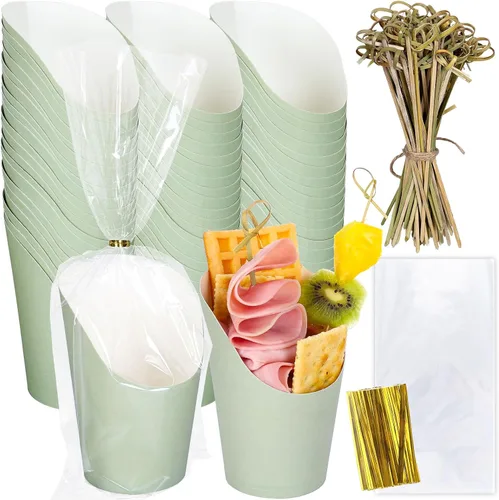 Vista 8 de Whaline 50 tazas de charcutería azules con bolsas de palitos, lazos giratorios, 14 onzas, desechables, para aperitivos, papas fritas para el hogar