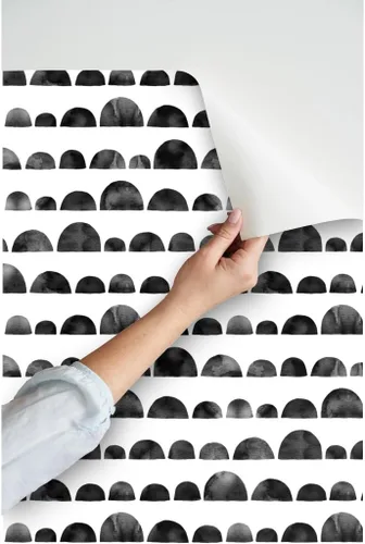 Vista 3 de Spoonflower Circles Black Ink Pre-Pasted Removable Wallpaper Roll 24" x 36" Modern White Scallops Self-adhesive, removable and renter-friendly