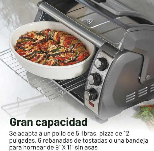 Vista 5 de Horno tostador de convección Hamilton Beach de 6 rebanadas con puerta enrollable de fácil acceso, funciones de horneado, asado y tostado, apagado