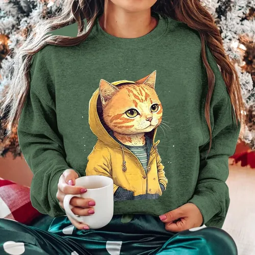 Vista 3 de Sudadera con capucha de moda para mujer, con estampado gráfico de gatoperro, cuello redondo, holgada, 2023, bolsillos de moda, tallas grandes