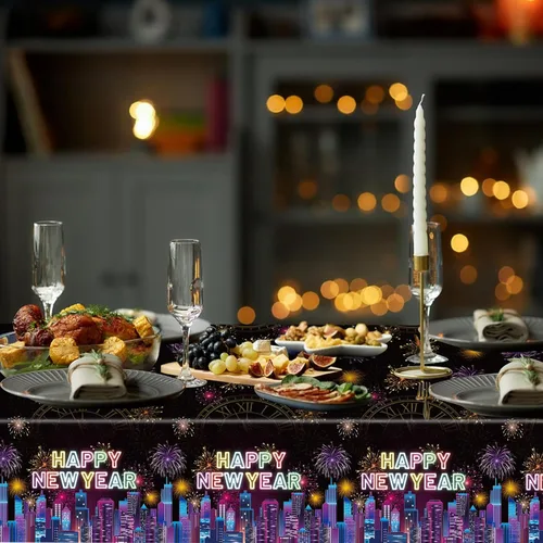 Vista 4 de SpinLaLa Mantel de plástico desechable de 3 piezas de 54 x 108 pulgadas, diseño de fuegos artificiales negros y horizonte urbano para fiestas de Año