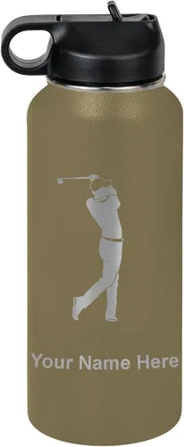 Vista 20 de LaserGram Botella de agua personalizada, golfista de golf, acero inoxidable de doble pared aislada al vacío con popote superior, regalo grabado Negro