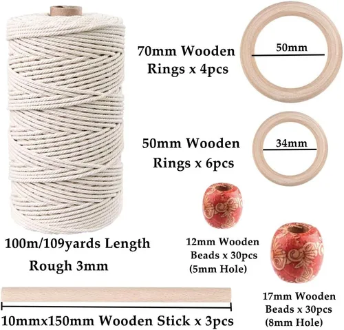 Vista 2 de 120 kits de macramé para principiantes de 0.118 pulgadas x 109 yardas, cordón de macramé de algodón natural con cuentas y anillos de madera, palos