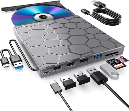 Vista 15 de BPAKDU - Unidad externa de CD/DVD para laptop, grabadora de CD ultra delgada, concentrador USB 3.0 con 4 puertos USB, 2 ranuras para tarjetas TF/SD