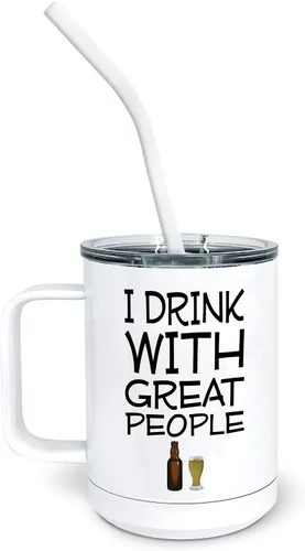 Vista 6 de PixiDoodle Great Drinking Buddies Pilsner Vaso con tapa deslizante resistente a derrames y paja de silicona (14 oz Pilsner, blanco)