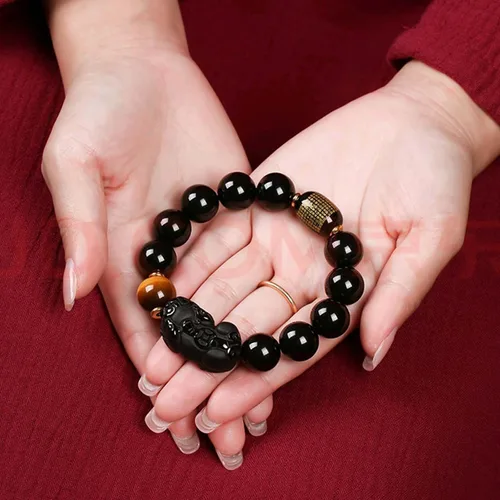 Vista 18 de Pulsera de obsidiana negra, pulsera de obsidiana negra Feng Shui para mujeres y hombres, pulsera elástica de obsidiana con piedra de ojo de tigre