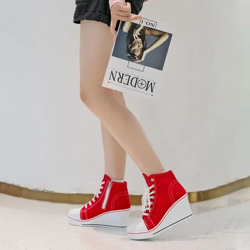 Vista 6 de Hurriman Wedge Sneakers for Women, High Heel Platform High Top Canvas Shoes Lace up Zipper Fashion Sneakers, Tenis Zapatos de Cuña Plataforma Tacón