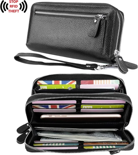 Vista 2 de YALUXE Cartera de cuero para mujer con bloqueo RFID, doble cremallera, tamaño grande, para smartphone