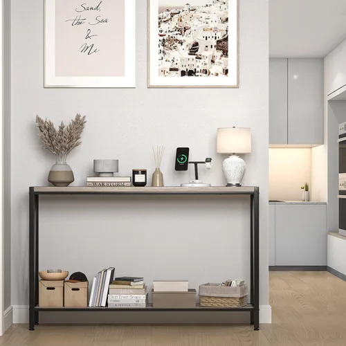 Vista 4 de IDEALHOUSE Mesa consola gris, mesa de entrada gris de 42.9 pulgadas con almacenamiento, mesa de sofá larga estrecha de 2 niveles de madera y metal