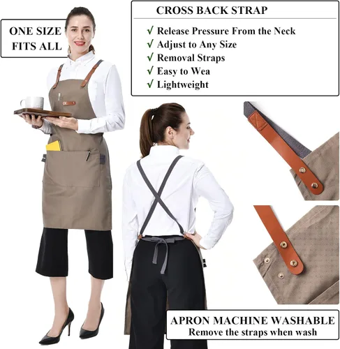 Vista 2 de Delantal de chef para hombre, delantal de lona para camarera, con bolsillos, resistente al agua, color caqui