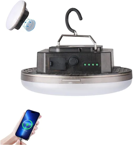 Vista 7 de Linterna LED recargable para campamento: luz de tienda de campaña con 3 modos y atenuación continua, carga rápida USB-C, IPX5 impermeable, gancho