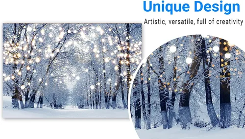 Vista 3 de Funnytree Fondo de fotografía de paisaje de invierno de 7 x 5 pies, diseño de copo de nieve, bokeh, con purpurina, bosque, nieve blanca, Navidad