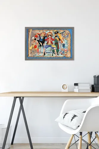 Vista 6 de One Piece - Póster de pared con mapa grupal, 22.4 pulgadas de largo x 14.7 pulgadas de ancho, versión enmarcada de madera de granero