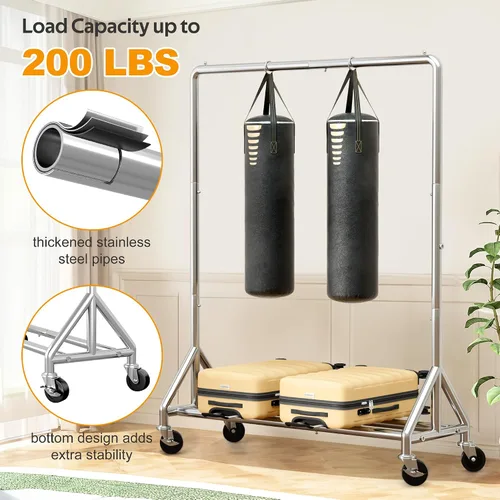 Vista 2 de AOODA Perchero de ropa resistente de 50 pulgadas de ancho para colgar ropa, perchero industrial de doble barra con ruedas, perchero resistente