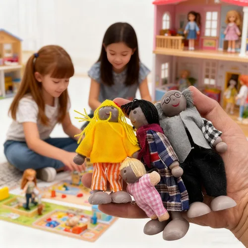 Vista 4 de HYSTYLE Paquete de 7 Figuras de Madera para Casa de Muñecas Familia Muñecos Familiares Figuras de Juego de Simulación, Juego de Rol Familiar Juego