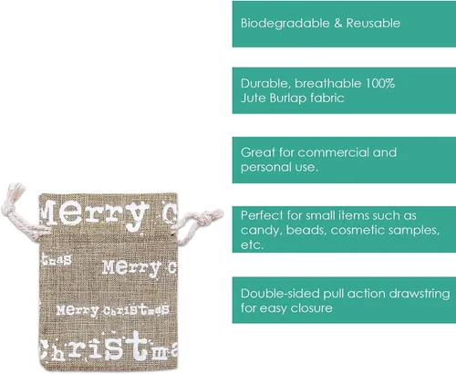 Vista 3 de 48 paquetes de 3x4 bolsas de regalo reutilizables de yute y arpillera con cordones (Feliz Navidad, X-Pequeño) - para regalos, favores de fiesta