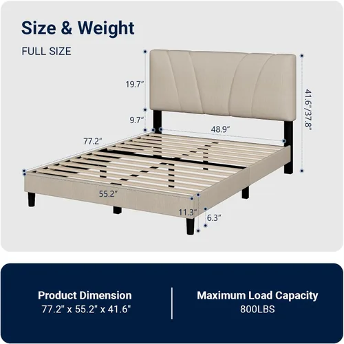 Vista 2 de Avenco - Base de cama tamaño matrimonial con plataforma tapizada y cabecera ajustable, soporte de listones de madera, fácil montaje, no necesita