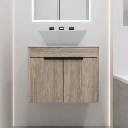 Vista 15 de Armario de tocador de baño de 24 pulgadas, tocador de baño flotante con lavabo de cerámica, moderno juego de tocador de baño colgante de roble