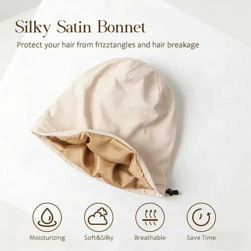 Vista 2 de Gorro de Satén de Seda Envolvente para el Cabello para Dormir, 2 Piezas Gorros de Seda Ajustables para Mujeres y Hombres, Gorras de Noche Azul