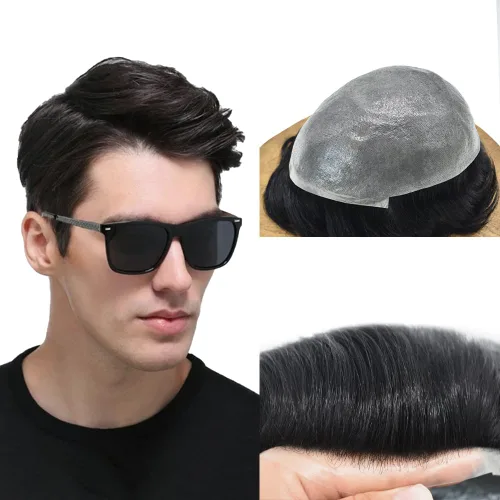 Vista 44 de Pieza de pelo para hombre, sistema de reemplazo de cabello de piel ultra fina para hombres, pieza de pelo de tupé para hombres, cabello humano real
