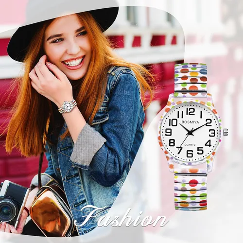 Vista 5 de Avaner Relojes de pulsera elásticos para mujer Boho Impreso Correa elástica Gran Número Analógico de Cuarzo Fácil Lector Pulsera Brazalete Reloj