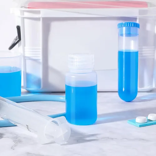 Vista 4 de Hoolerry 20 piezas 2 oz 60 ml botellas de muestra de plástico de grado laboratorio de polipropileno de boca ancha botellas de reactivo con tapas