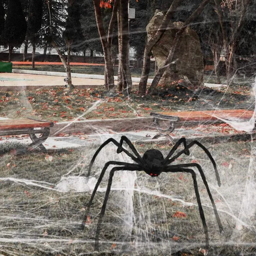 Vista 2 de Araña gigante de Halloween de 6.6 pies, decoración de Libay para exteriores, araña peluda grande, araña peluda aterradora, decoración espeluznante