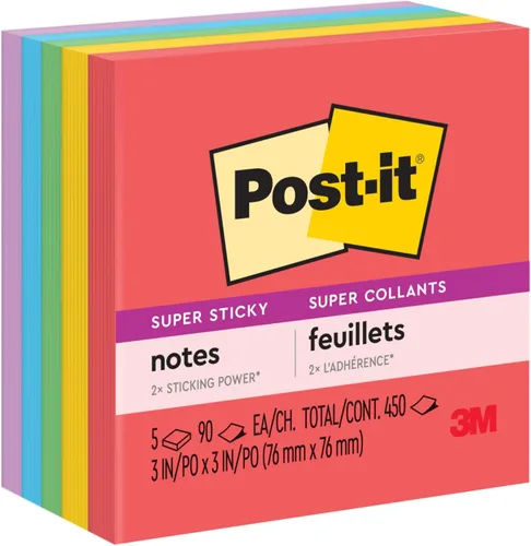 Vista 2 de Post-It Notas, Super Sticky, 3" x 3", 5ct - Multicolor