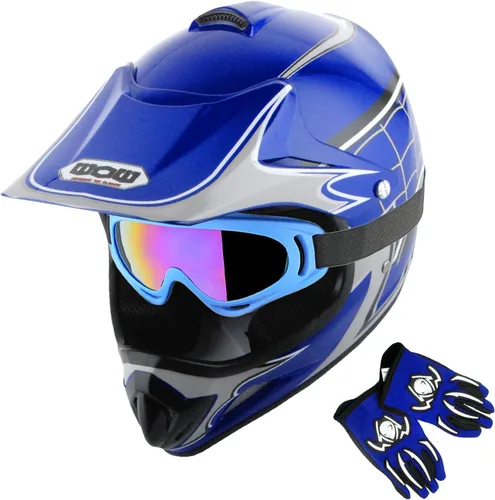 Vista 9 de WOW Casco de motocross para jóvenes, casco MX BMX, tela de araña, gafas + guantes negros de araña marciana, paquete HJOY-W MG