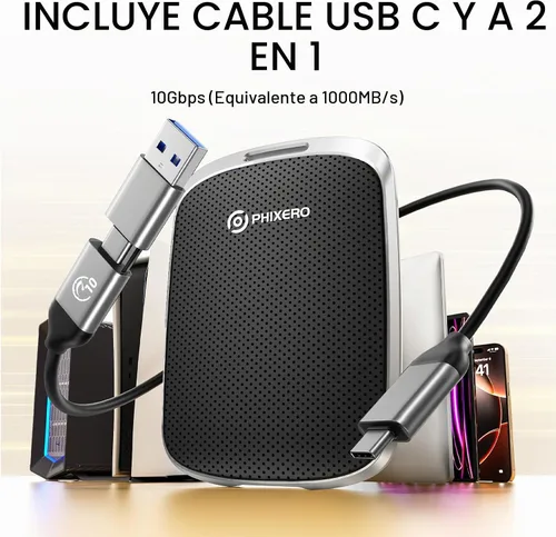 Vista 8 de PHIXERO SSD externo portátil de 256 GB hasta 550 MB/s, USB 3.2 Gen 2 USB C a C y A para smartphone/tablet/PC/portátil/cámara (negro)