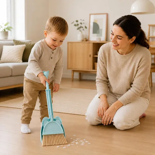 Vista 5 de Mini Escoba con Recogedor para Niños, Pequeño Juego de Ayudante de Limpieza del Hogar (Azul)