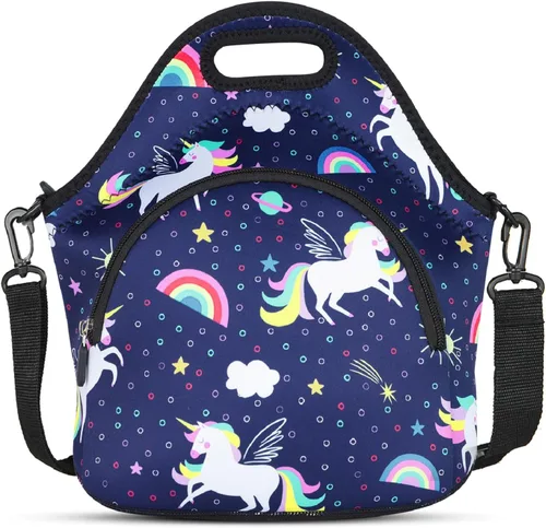 Vista 9 de Violet Mist Bolsas de almuerzo de neopreno con correa para el hombro, bolsas de almuerzo aisladas, lonchera térmica, reutilizable, bolsa bento