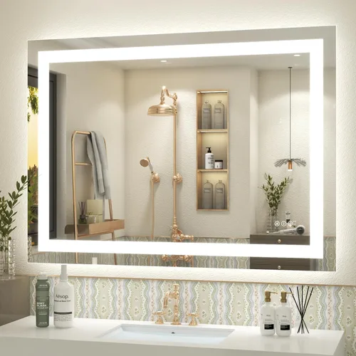 Vista 25 de Espejo de baño LED iluminado de 30 x 30 pulgadas para pared, espejo cuadrado de tocador con luces, regulable, antivaho, a prueba de roturas