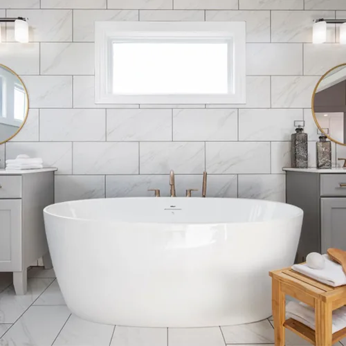 Vista 22 de FerdY Tahití - Bañera de acrílico independiente de 55 pulgadas, elegante bañera de remojo de forma ovalada, blanco brillante, drenaje dorado