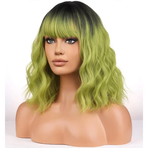 Vista 17 de BERON Pelucas cortas verdes para mujer, peluca rizada ondulada con flequillo para niñas, pelucas de cabello de color verde aguacate, peluca