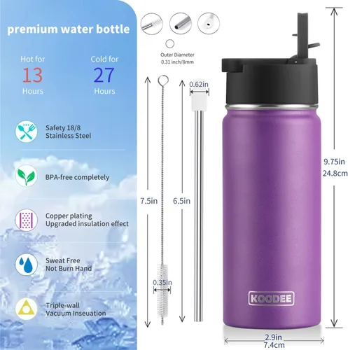 Vista 4 de koodee Botella de agua de acero inoxidable de 16 onzas con aislamiento al vacío de doble pared con pajilla, paquete de 2 botellas de agua deportivas